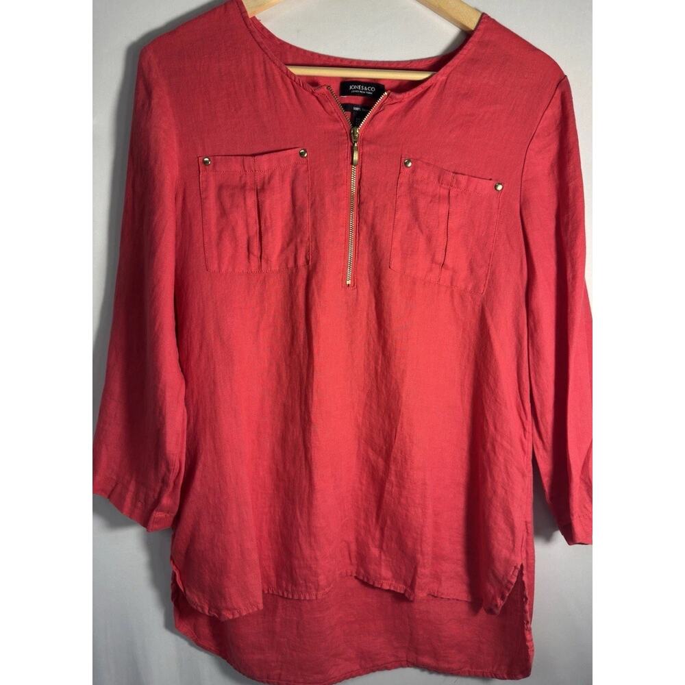 Jones & Co Pink 100% Linen Half Zip‎ Tunic Top Medium 3/4 Sleeve Relaxed Fit